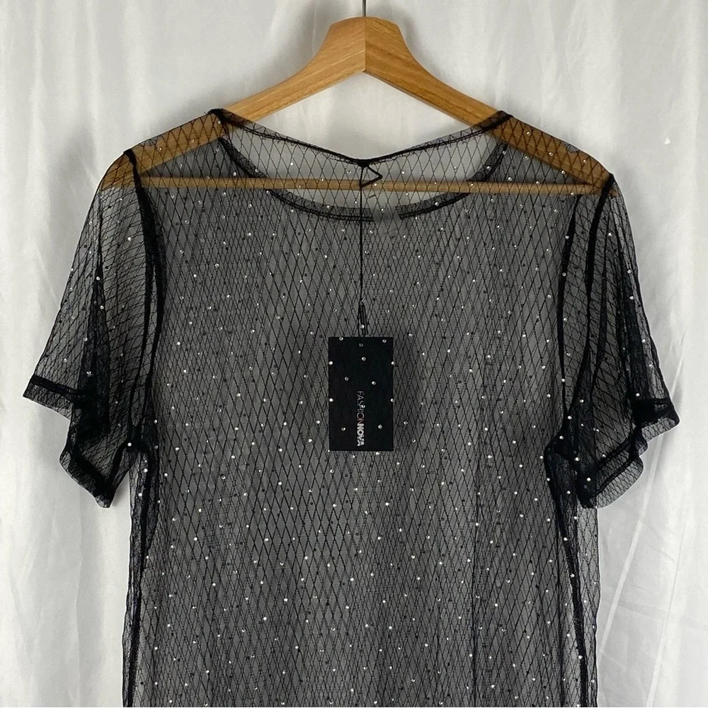 Fashion Nova Black Sheer Short Sleeve Dress with Silver Accents Size Medium - Picture 10 of 16